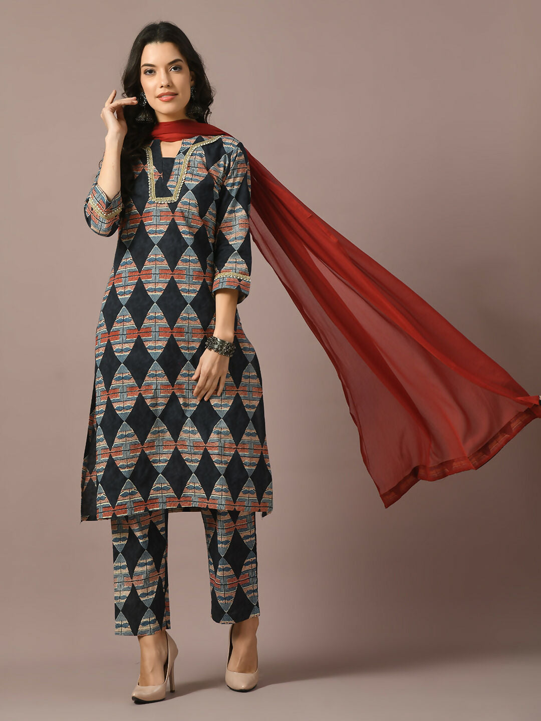 Myshka Women's Multi Printed Cotton Straight Party Kurta Set With Dupatta