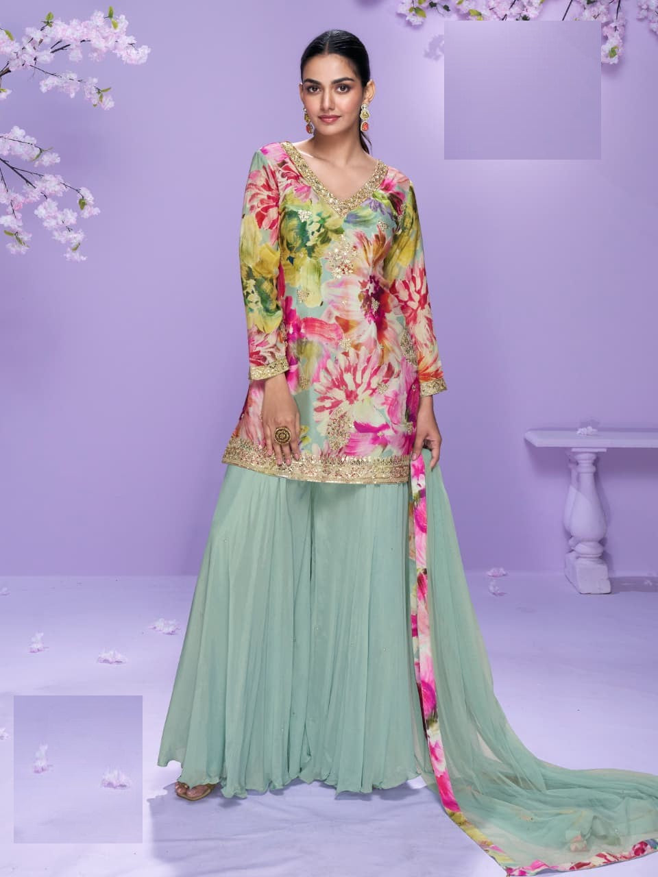 Aarshi Fashions Mint Green Floral Print Full Stitched Palazzo Suits - Distacart