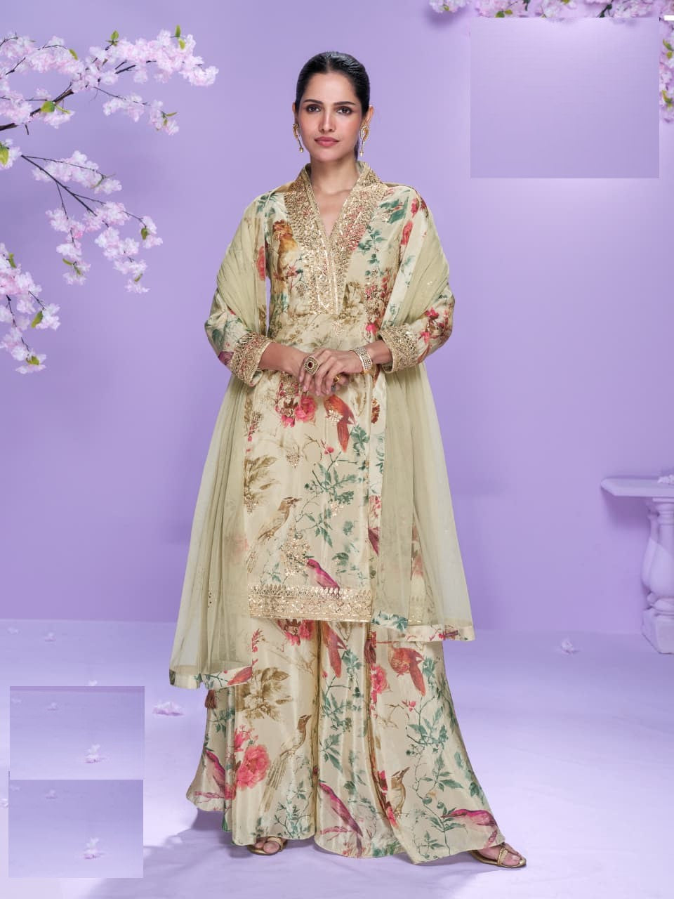 Aarshi Fashions Pale Yellow Floral Print Full Stitched Palazzo Suits