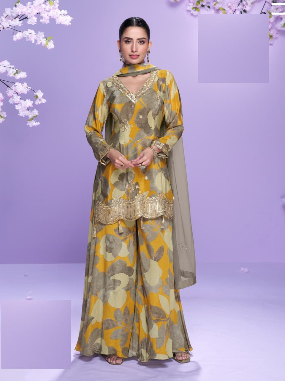 Aarshi Fashions Grey Floral Print Full Stitched Palazzo Suits - Distacart
