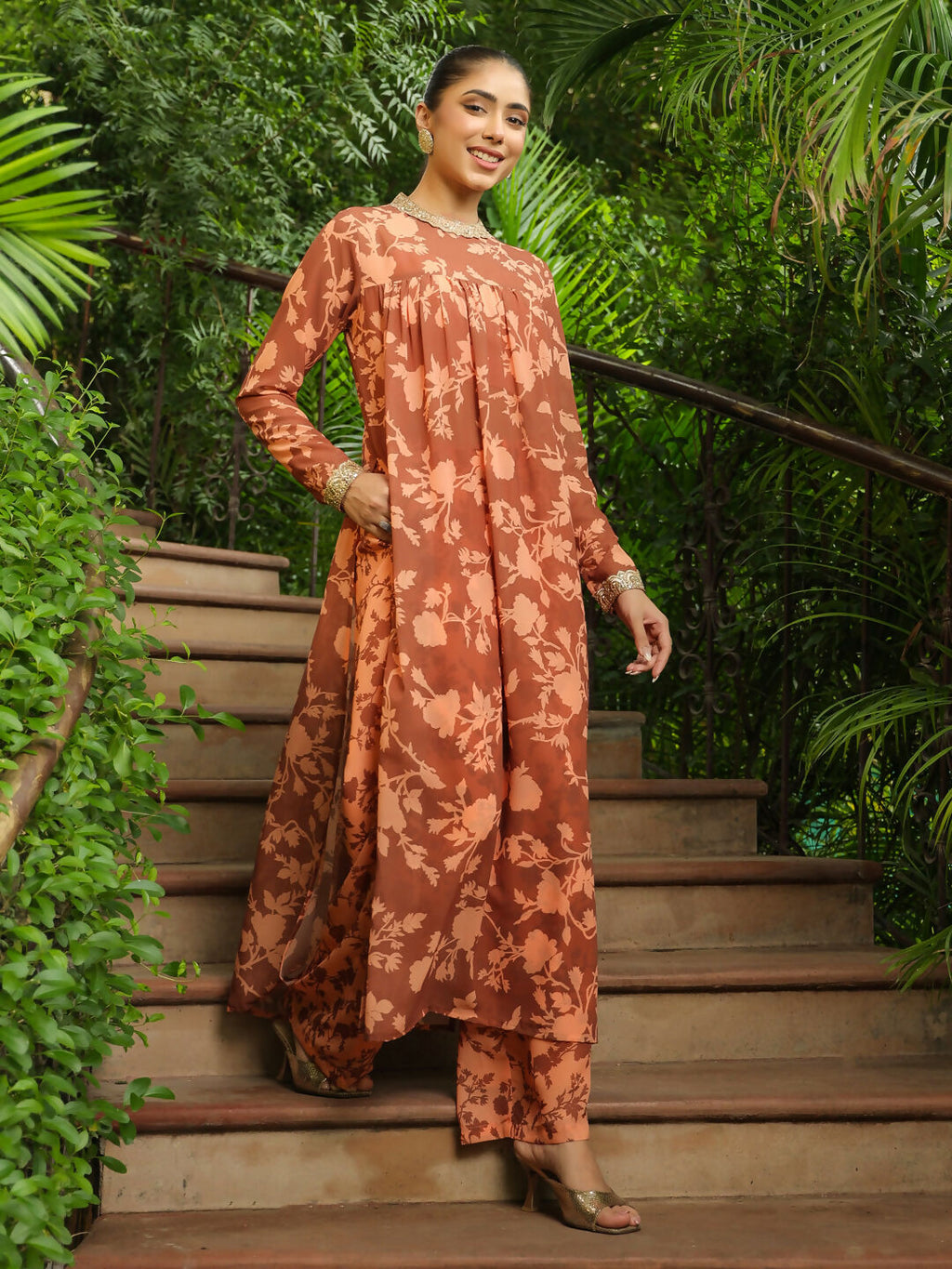 Janasya Brown Georgette Floral Kurta, Bottom & Inner