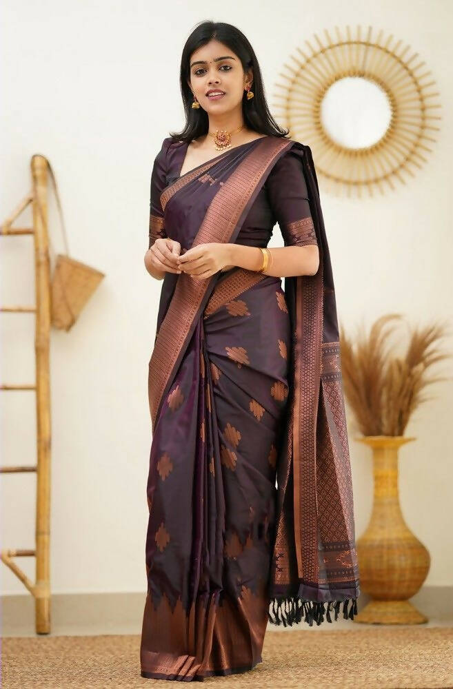 DEIANA'S Beautiful Designer Golden zari Soft Lichi Silk Saree - Wine