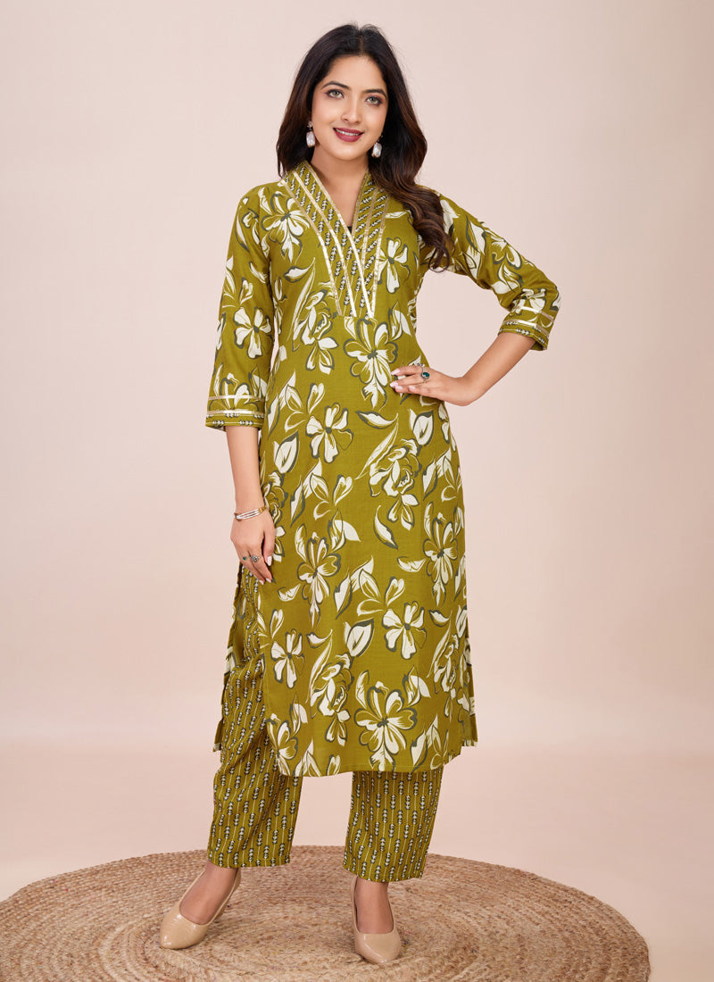 Prazu Fashion Mahendi Printed Cotton Blend Kurta Pant Set - Distacart