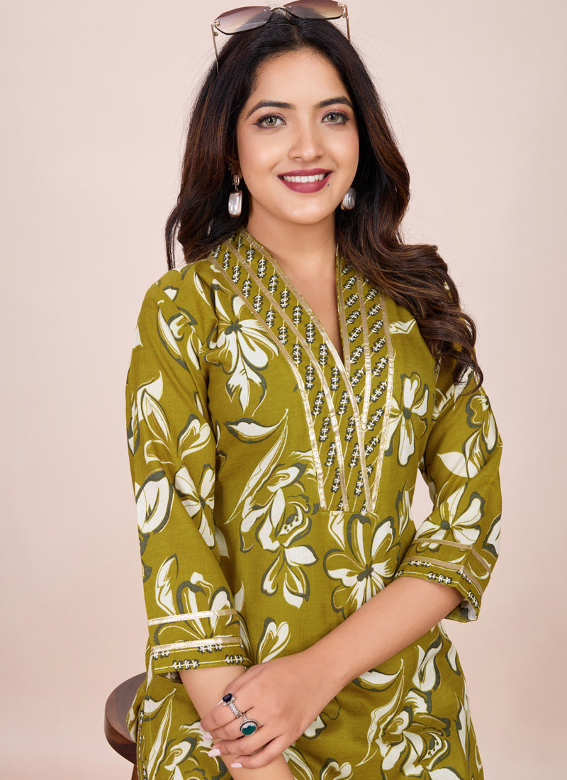 Prazu Fashion Mahendi Printed Cotton Blend Kurta Pant Set - Distacart