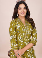 Prazu Fashion Mahendi Printed Cotton Blend Kurta Pant Set - Distacart