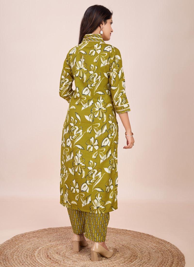 Prazu Fashion Mahendi Printed Cotton Blend Kurta Pant Set - Distacart