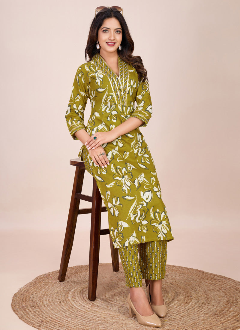 Prazu Fashion Mahendi Printed Cotton Blend Kurta Pant Set - Distacart