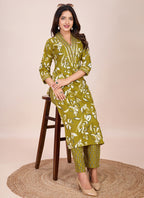Prazu Fashion Mahendi Printed Cotton Blend Kurta Pant Set - Distacart
