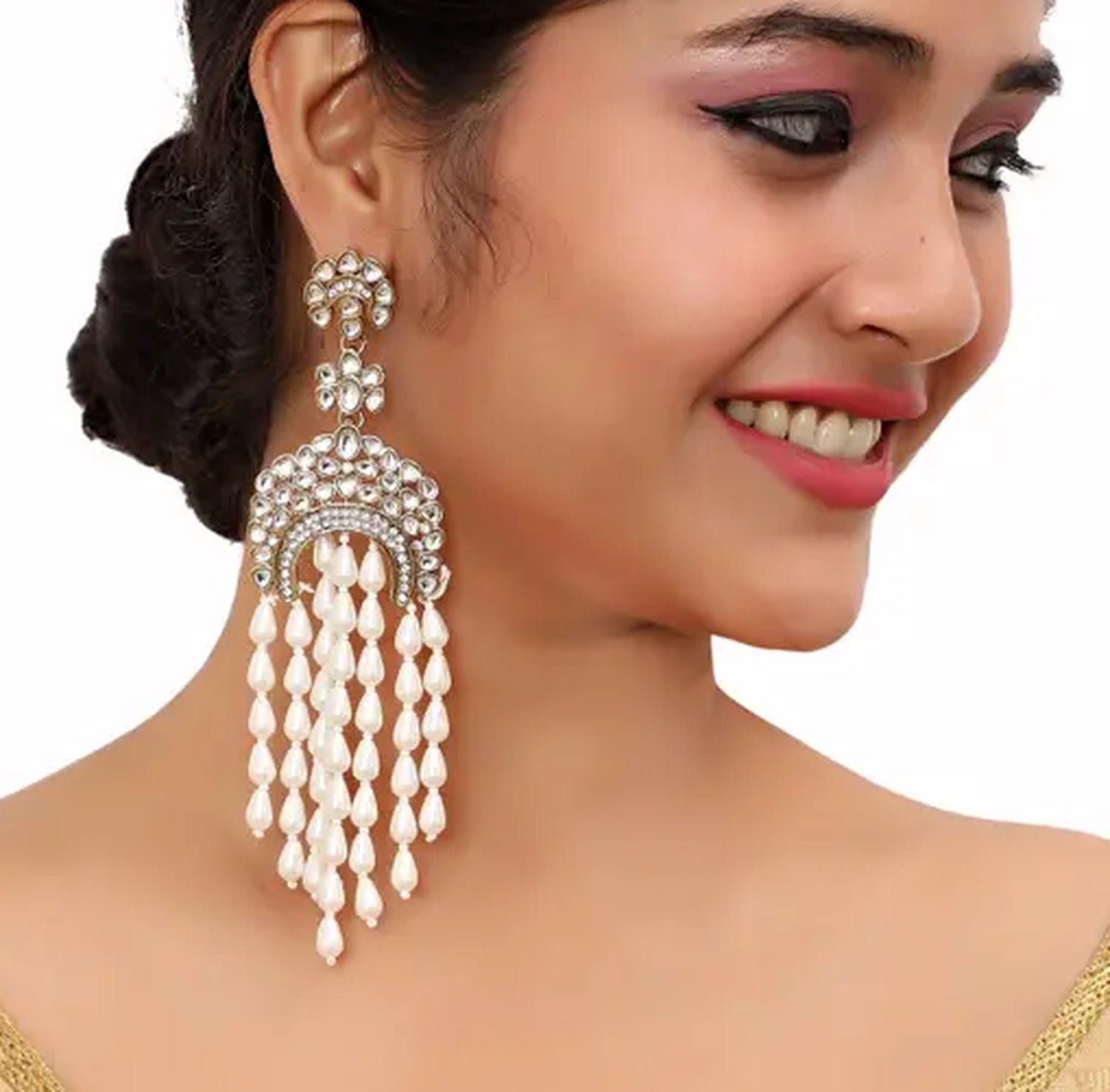 Jewel City Elegant Kundan Pearl Waterfall Earrings - Bridal Chandelier Earrings for Wedding & Festive Occasions - Distacart