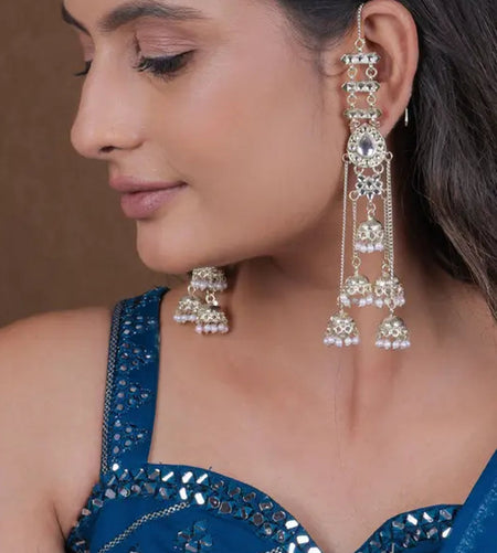 Jewel City Silver Kashmiri Jhumka Earrings - Traditional Pearl Drop Chandelier Earrings for Wedding & Festival Wear