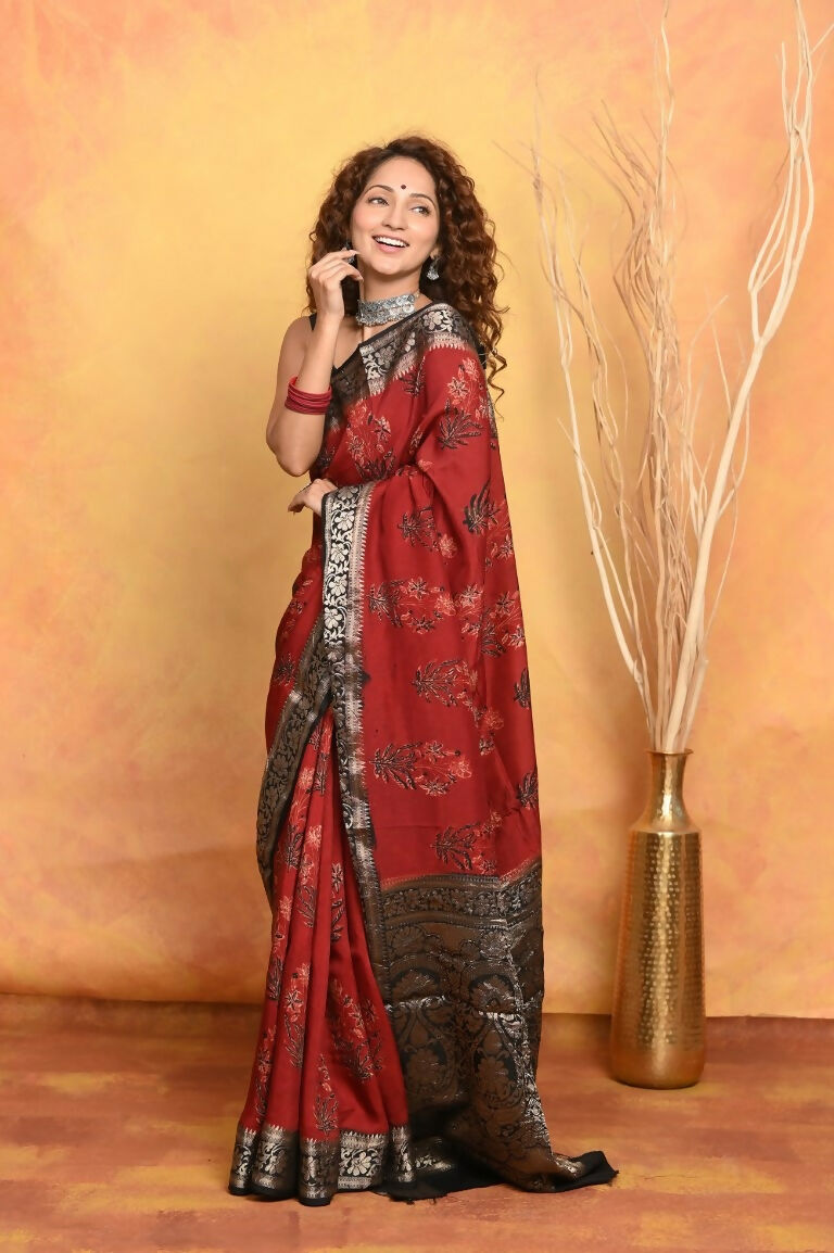 Very Much Indian Modal Silk Ajrakh Handblock Printed Natural Dyes With Designer Border Saree - Red