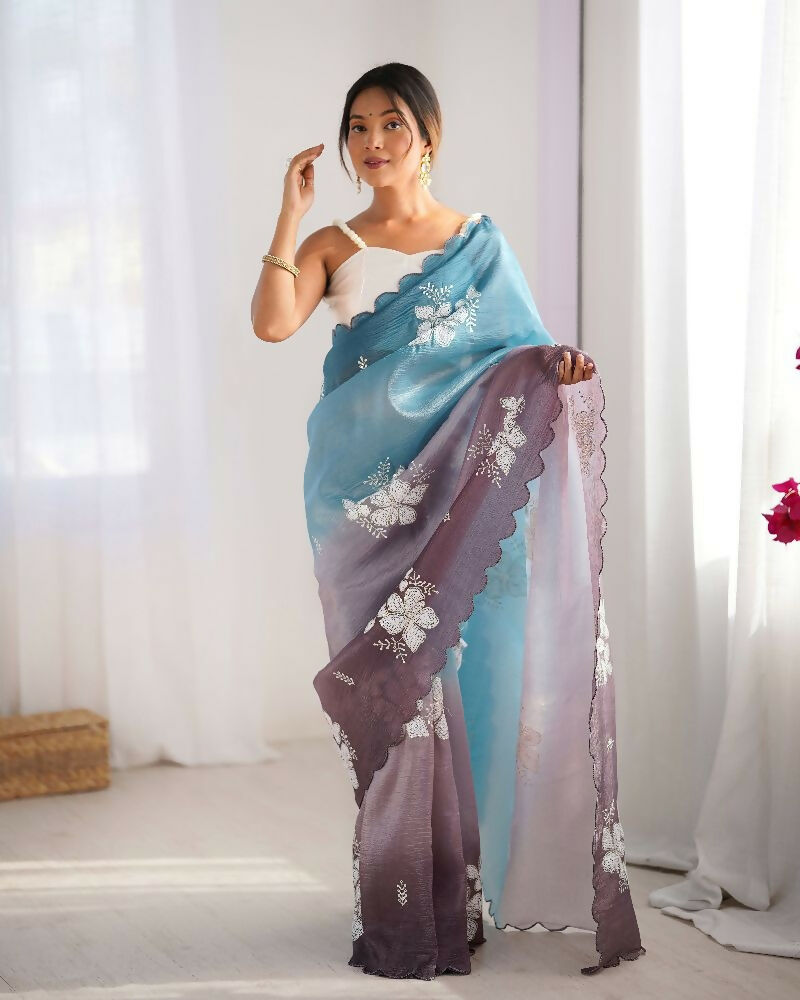 Sky Blue and Grey Crunchy Crush Pedding Color Embroidery Work Party Wear Saree - Zuleika