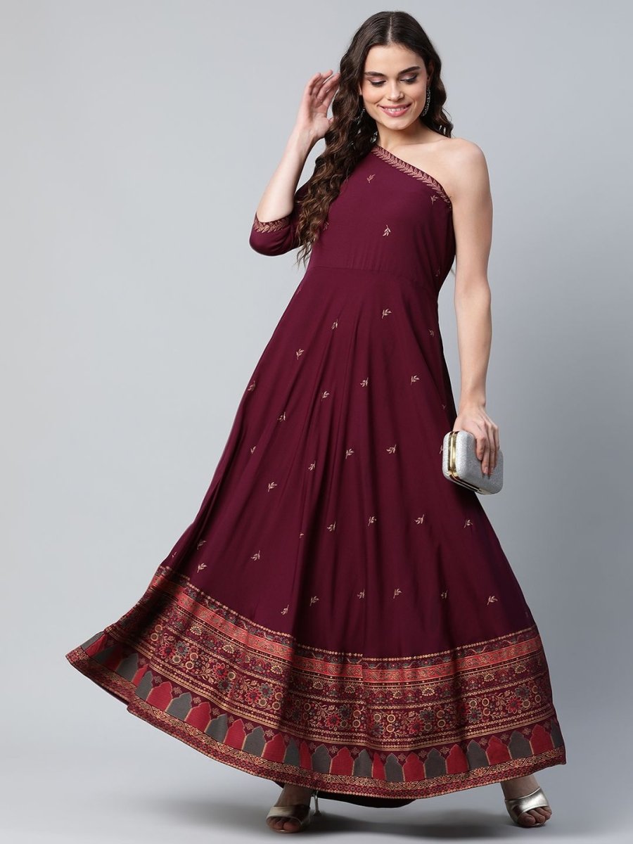 Ahalyaa Women Burgundy & Gold-Toned Ethnic Motifs One Shoulder Ethnic Maxi Dress - Distacart