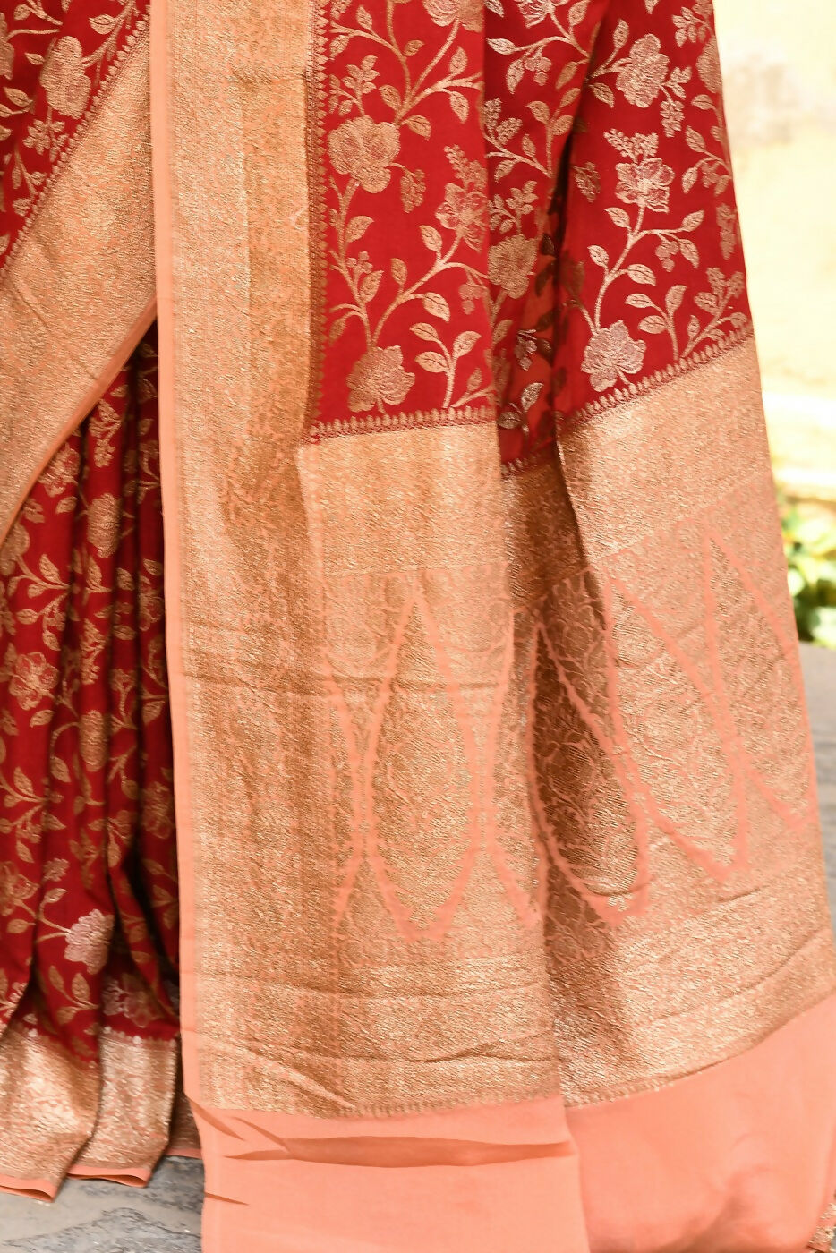 Joban Fashion Red Crepe Chiffon Pure Handloom Banarasi Silk Saree