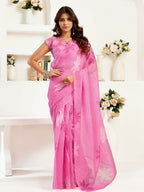 Joban Fashion Pink Floral Linen Ready To Wear Saree With Unstitched Blouse - Distacart
