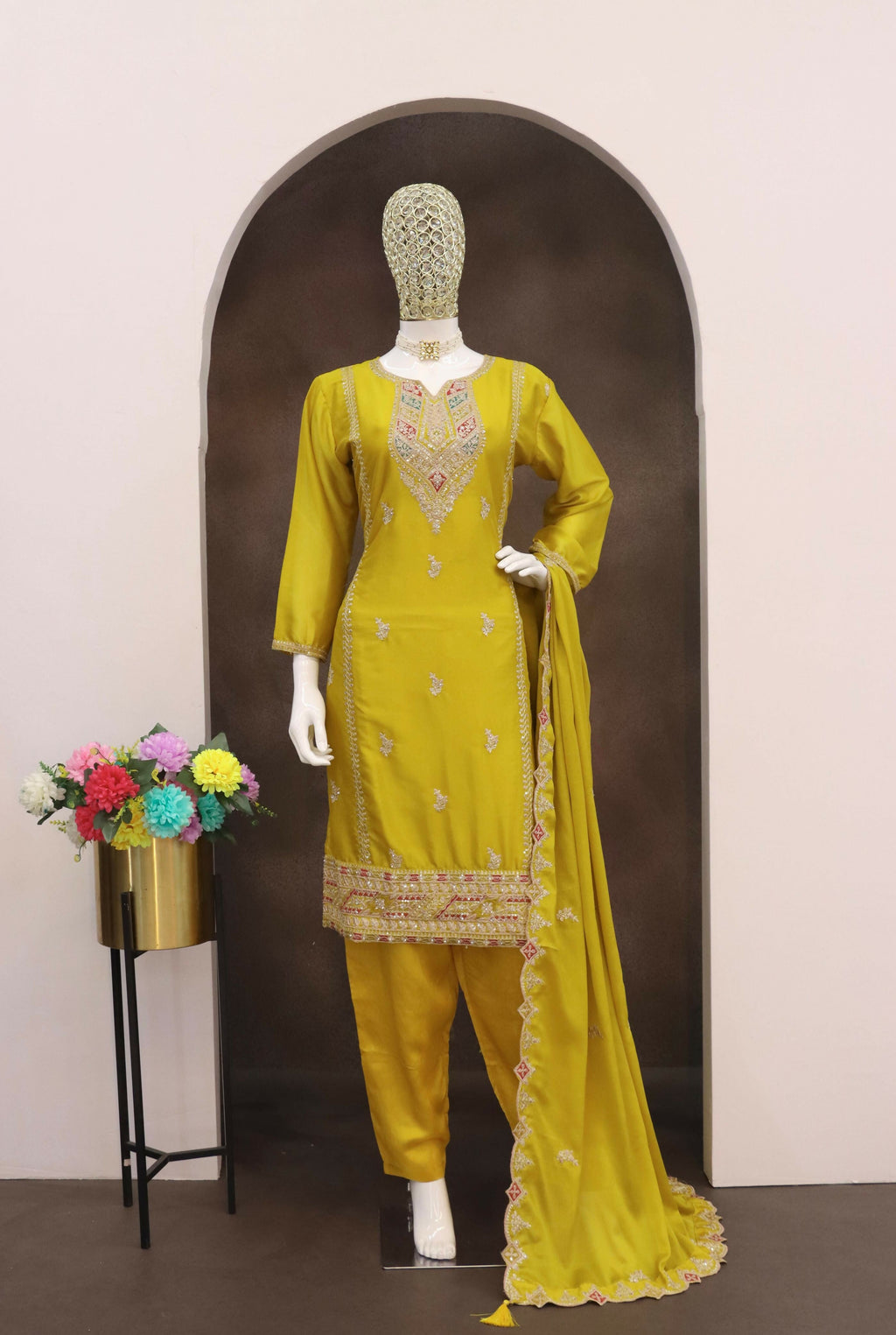 Anaita Yellow Heavy Chinon Readymade Suit with Embroidery & Sequence Work - Distacart