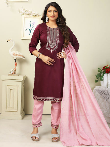 Vamika Chinon Embroidery Mahroon Party Wear/Casual Wear/Office Wear Kurta Set/Suit