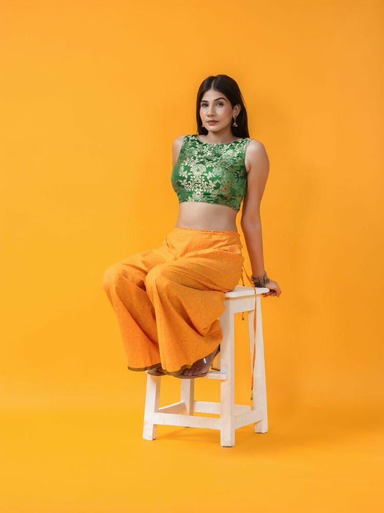 Amodini Designer Studio Women's Banarsi Brocade Sleeveless Green Blouse