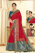 Red Satin Silk Zari Embroidery, Laser Cut Borders, Tassels Saree - Norita Alankrita
