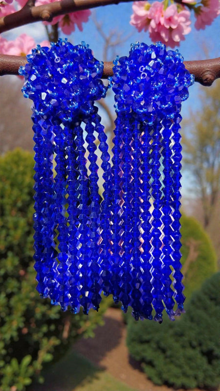 Inhanns Handmade Crystal Waterfall Earrings - Long - Royal Blue