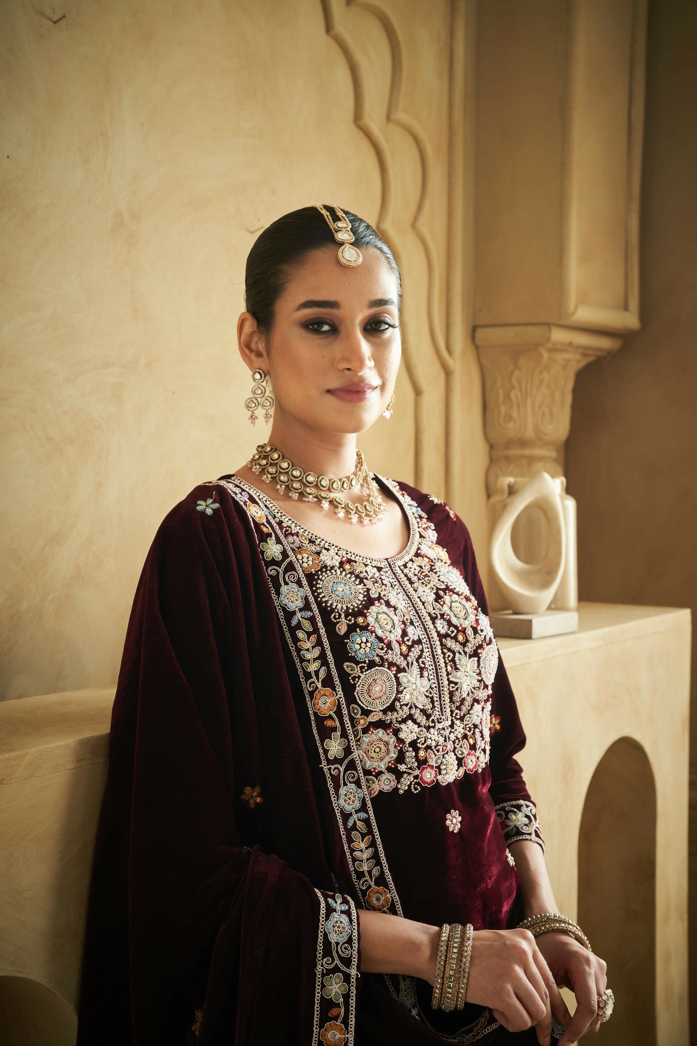 Anaita Purple Embroidered Work Velvet Stitched Plazo Suit - Distacart