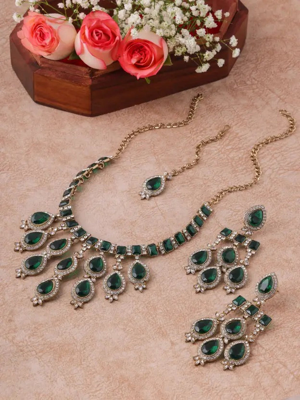 Jewel City Teardrop Bridal Necklace Set with Earrings & Maang Tikka - Ethnic Wedding Jewelry for Brides & Parties