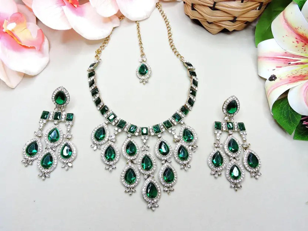 Jewel City Teardrop Bridal Necklace Set with Earrings & Maang Tikka - Ethnic Wedding Jewelry for Brides & Parties