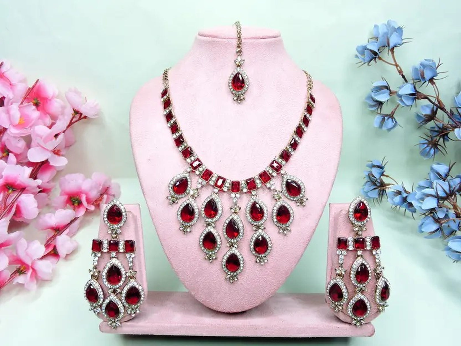 Jewel City Teardrop Bridal Necklace Set with Earrings & Maang Tikka - Ethnic Wedding Jewelry for Brides & Parties