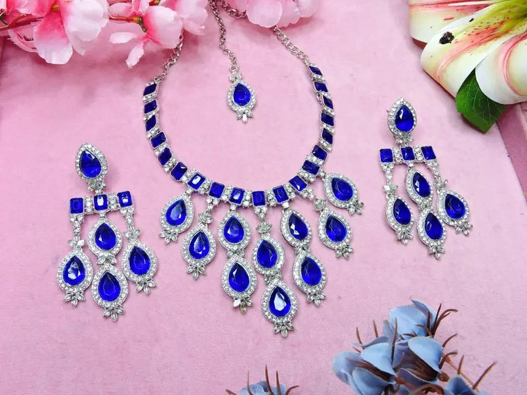 Jewel City Teardrop Bridal Necklace Set with Earrings & Maang Tikka - Ethnic Wedding Jewelry for Brides & Parties