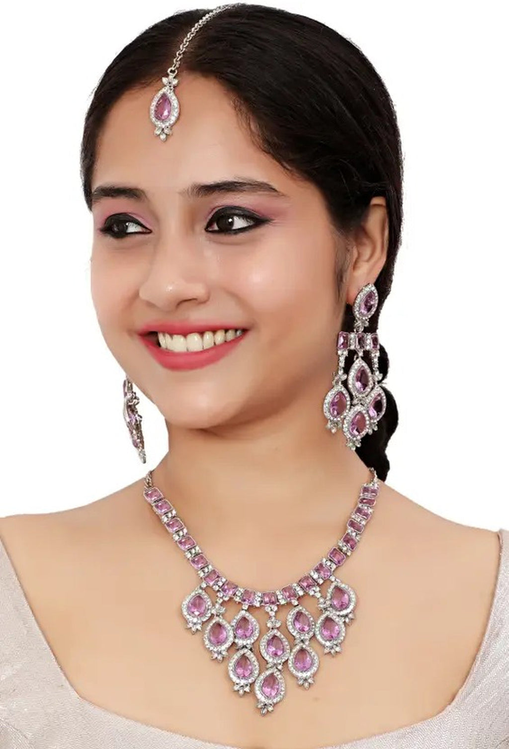 Jewel City Teardrop Bridal Necklace Set with Earrings & Maang Tikka - Ethnic Wedding Jewelry for Brides & Parties