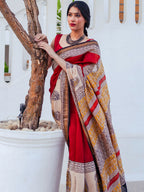 Zibaa Hand-Blocked Pure Maheshwari Silk Red Saree - Distacart