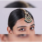 Jewel City Traditional Gold-Plated Green Kundan Chandbali Jhumka Earrings with Hair Chain | Ethnic Bridal Ear Cuff Jewelry