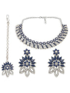 Jewel City Rhodium-Plated Stones Studded Necklace & Earrings With Maang Tika