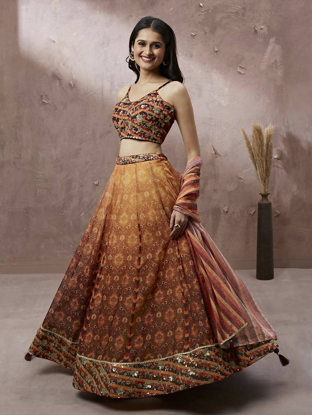 House of Panchhi Brown Organza Floral Print and sequinse work Lehenga choli & Dupatta