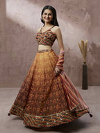 House of Panchhi Brown Organza Floral Print and sequinse work Lehenga choli & Dupatta