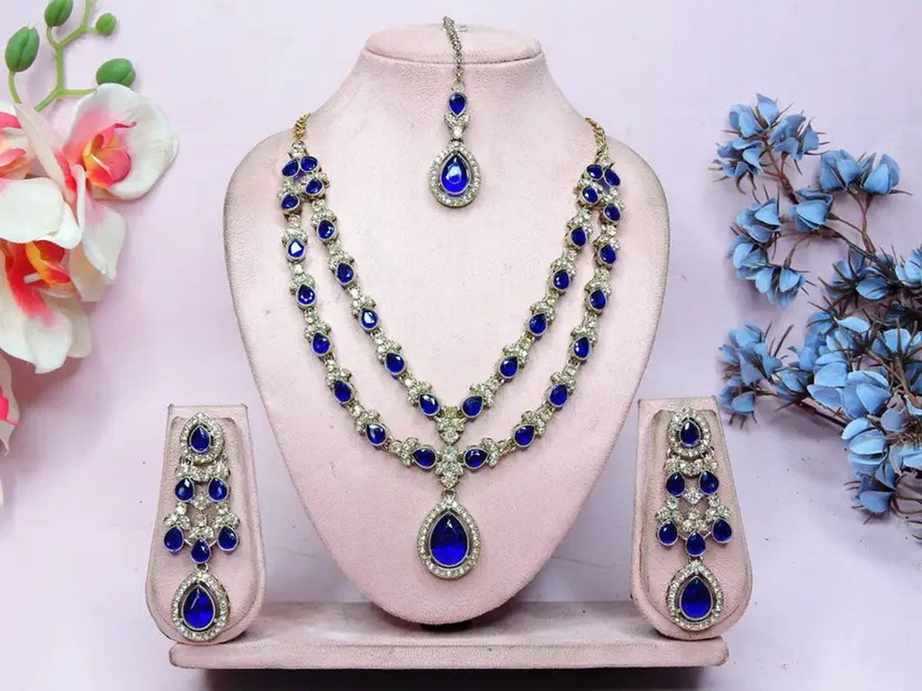 Jewel City Teardrop Bridal Necklace Set with Earrings & Maang Tikka - Ethnic Wedding Jewelry for Brides & Parties