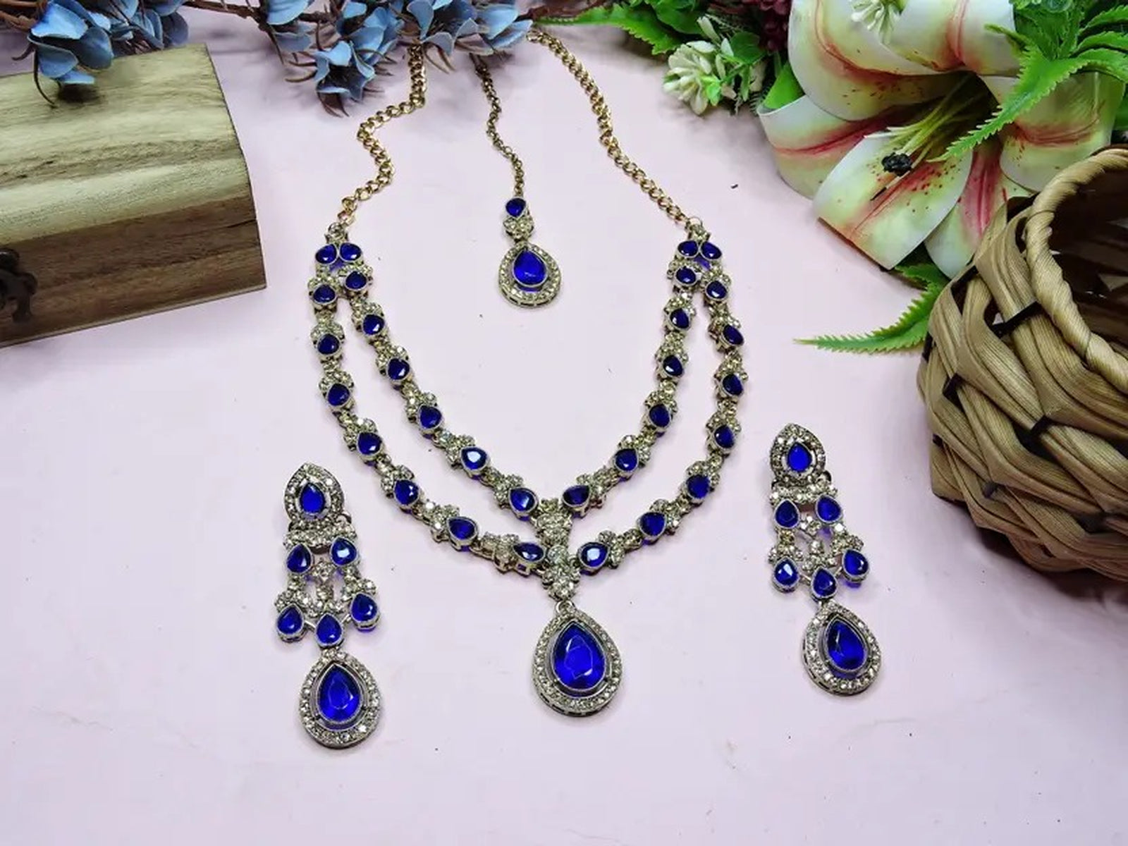 Jewel City Teardrop Bridal Necklace Set with Earrings & Maang Tikka - Ethnic Wedding Jewelry for Brides & Parties
