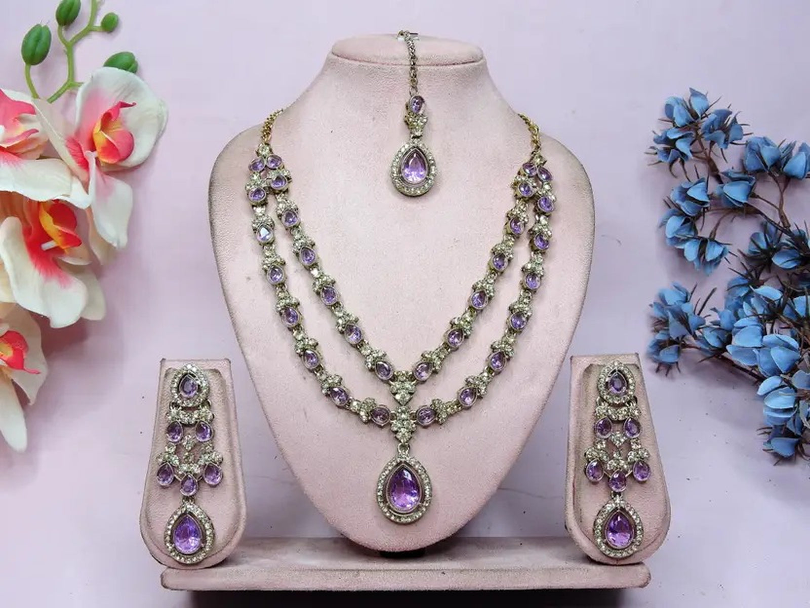 Jewel City Teardrop Bridal Necklace Set with Earrings & Maang Tikka - Ethnic Wedding Jewelry for Brides & Parties