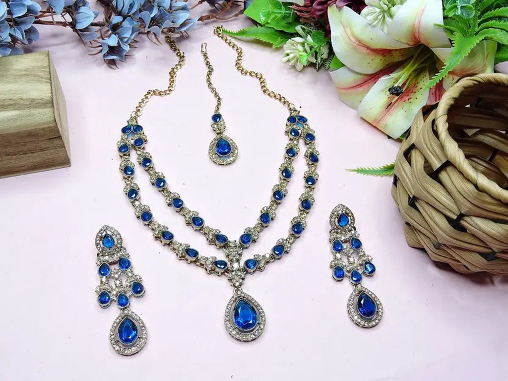 Jewel City Teardrop Bridal Necklace Set with Earrings & Maang Tikka - Ethnic Wedding Jewelry for Brides & Parties