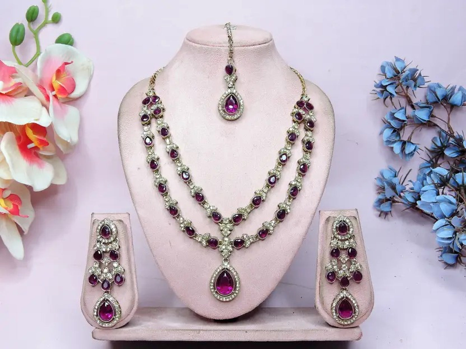 Jewel City Teardrop Bridal Necklace Set with Earrings & Maang Tikka - Ethnic Wedding Jewelry for Brides & Parties
