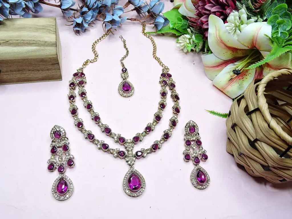 Jewel City Teardrop Bridal Necklace Set with Earrings & Maang Tikka - Ethnic Wedding Jewelry for Brides & Parties