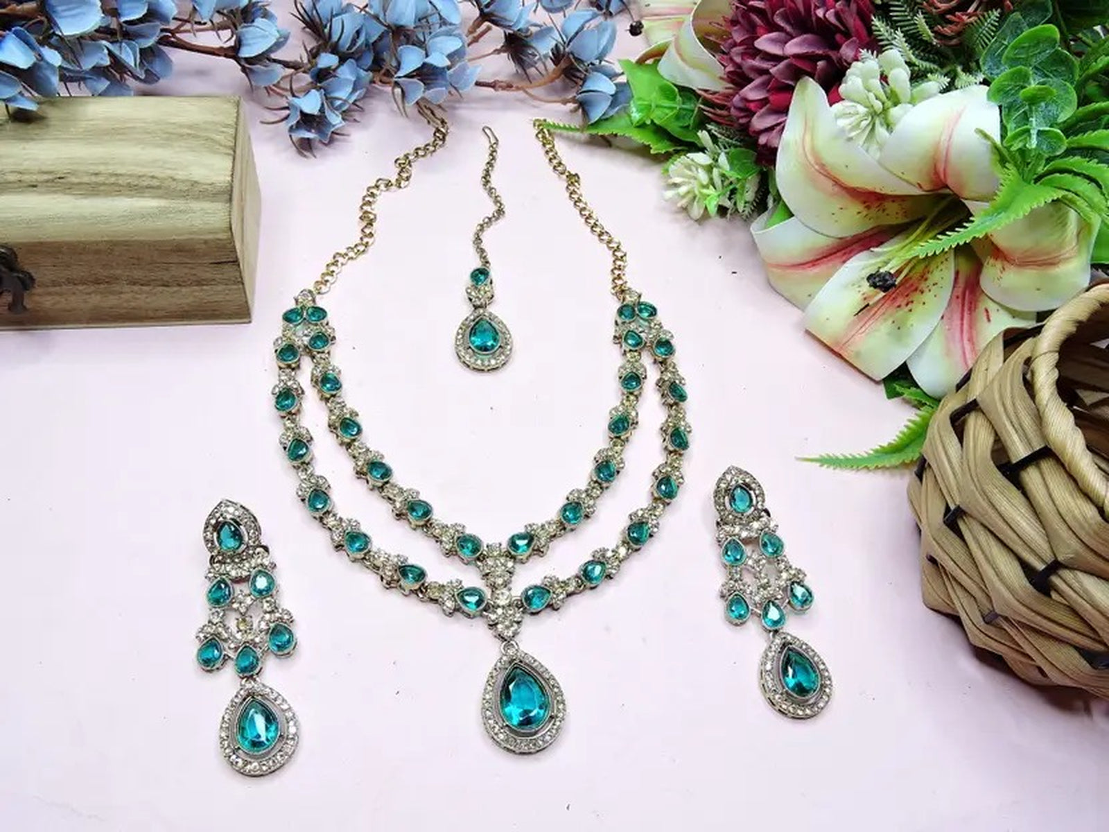 Jewel City Teardrop Bridal Necklace Set with Earrings & Maang Tikka - Ethnic Wedding Jewelry for Brides & Parties