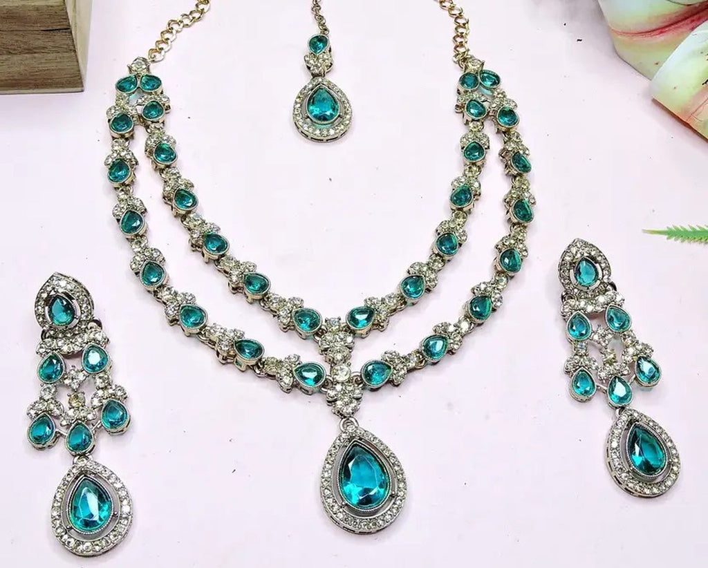 Jewel City Teardrop Bridal Necklace Set with Earrings & Maang Tikka - Ethnic Wedding Jewelry for Brides & Parties