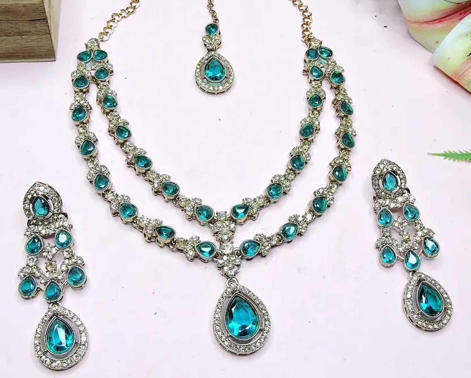 Jewel City Teardrop Bridal Necklace Set with Earrings & Maang Tikka - Ethnic Wedding Jewelry for Brides & Parties