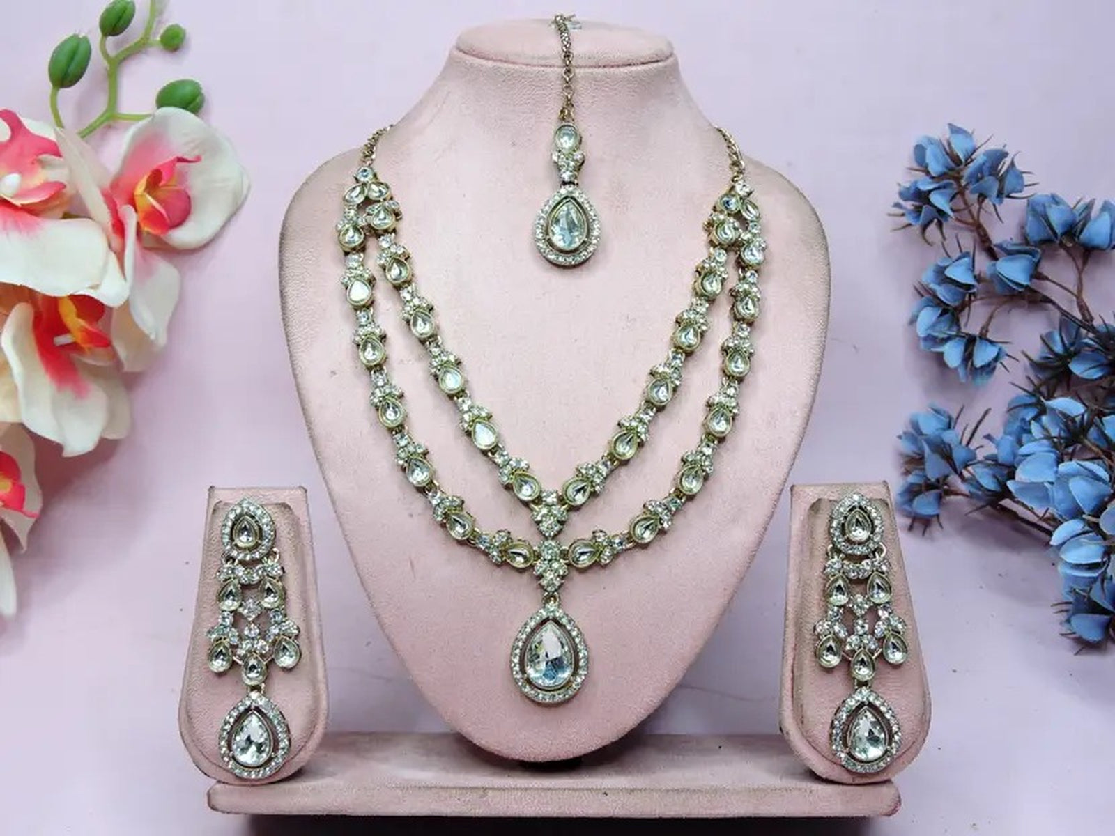 Jewel City Teardrop Bridal Necklace Set with Earrings & Maang Tikka - Ethnic Wedding Jewelry for Brides & Parties