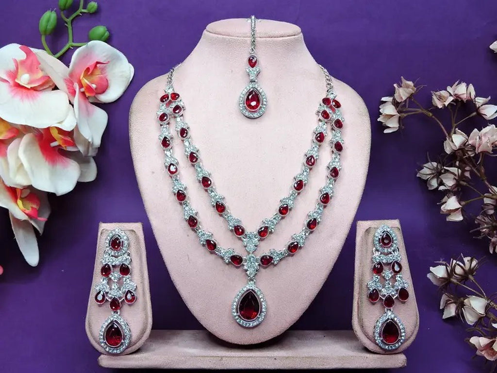 Jewel City Teardrop Bridal Necklace Set with Earrings & Maang Tikka - Ethnic Wedding Jewelry for Brides & Parties