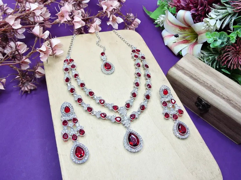 Jewel City Teardrop Bridal Necklace Set with Earrings & Maang Tikka - Ethnic Wedding Jewelry for Brides & Parties