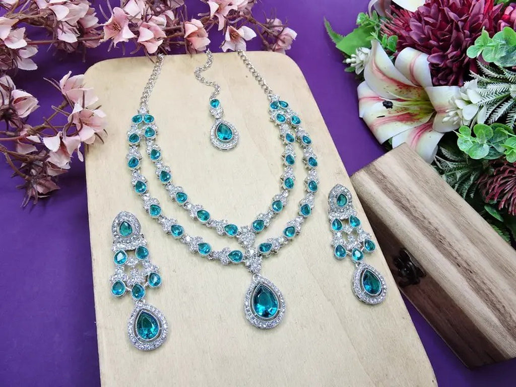 Jewel City Teardrop Bridal Necklace Set with Earrings & Maang Tikka - Ethnic Wedding Jewelry for Brides & Parties