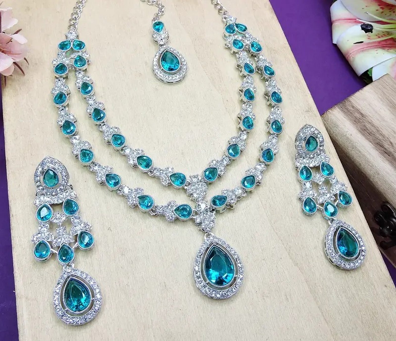 Jewel City Teardrop Bridal Necklace Set with Earrings & Maang Tikka - Ethnic Wedding Jewelry for Brides & Parties