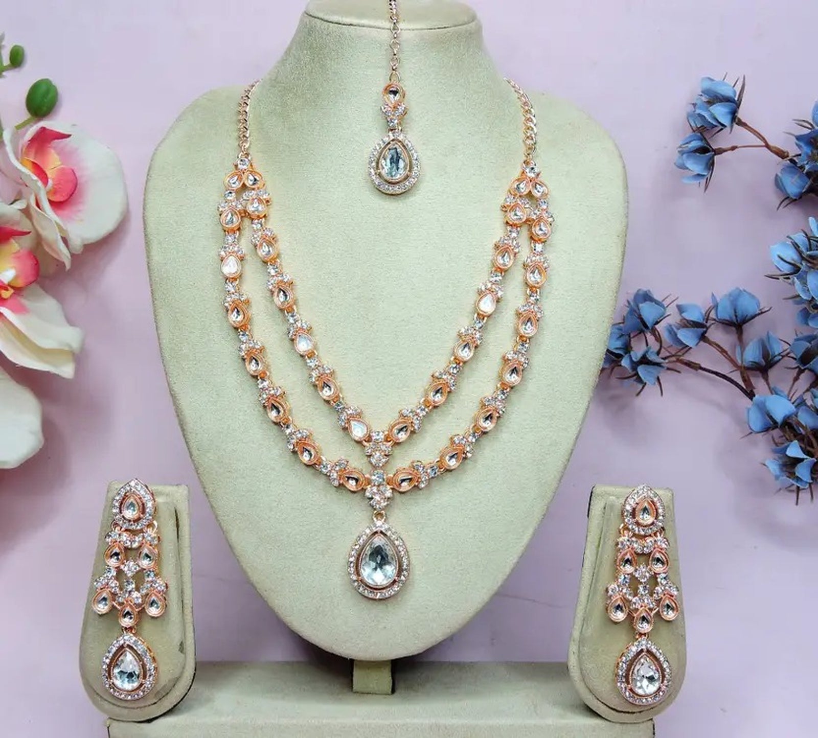 Jewel City Teardrop Bridal Necklace Set with Earrings & Maang Tikka - Ethnic Wedding Jewelry for Brides & Parties